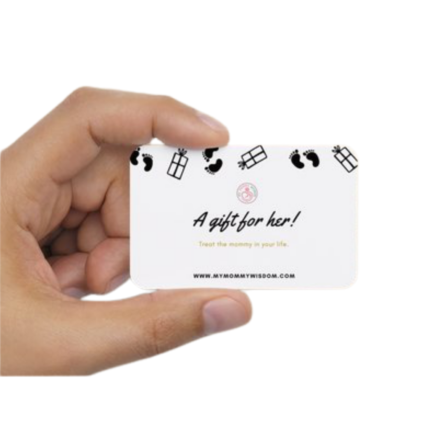 Person holding a gift card for My Mommy Wisdom store